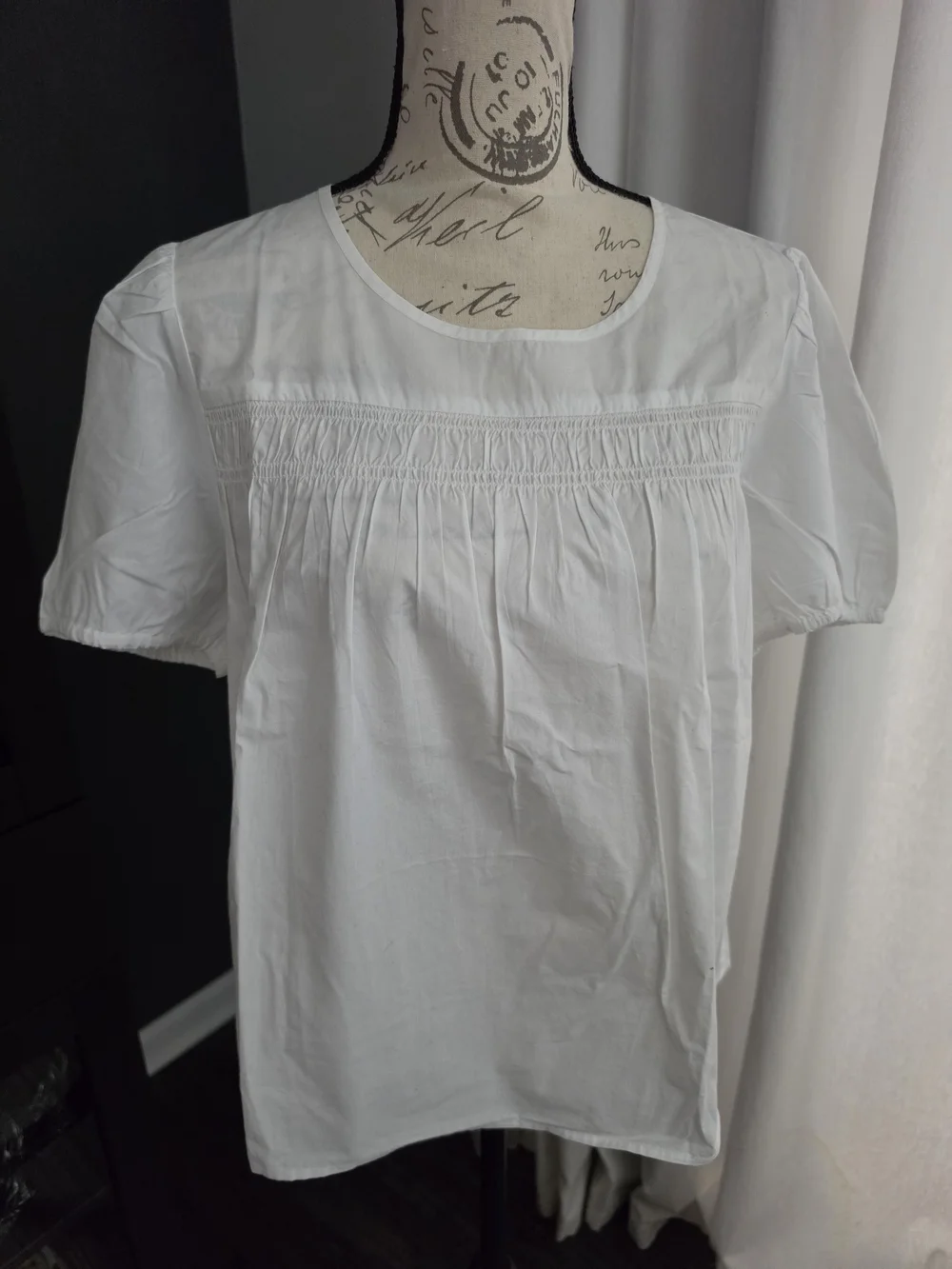 J. Crew White Smocked Cotton Short-Sleeve Blouse